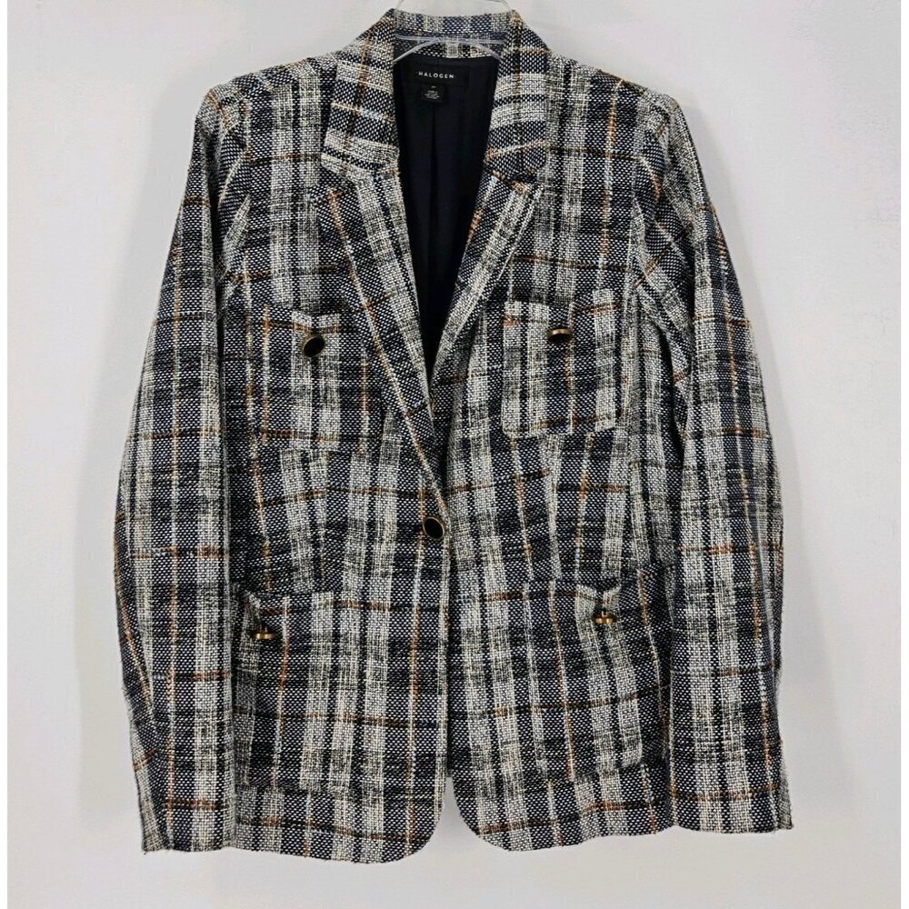 Halogen Lined Blazer Womens M Multicolor Plaid Libbie Classic Tweed One Button